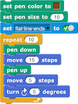 set color to (brown square); set pen size to (10); set (flat line ends) to (True); repeat (10) {pen down; move (15) steps; pen up; move (5) steps; turn right (5) degrees}