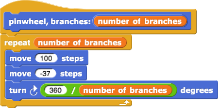 pinwheel, branches: (number of branches) { repeat(number of branches) { move (100) steps move (-37) steps turn clockwise (360 / number of branches) degrees } }