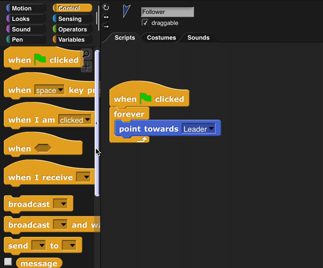 Animation of changing Follower's code to point towards Leader only until it is touching Leader. The original script is: when 'greenflag' clicked { forever { point towards (Leader) } } The Control palette is open, and the programmer scrolls down and drags out the 'repeat until' block. The programmer moves 'point towards (Leader)' from 'forever' into 'repeat until' and returns 'forever' to the palette. They then change to the 'Sensing palette', drag 'touching (mouse-pointer)?' into the input slot of 'repeat until', and select 'Leader' from the 'touching?' input slot drop-down menu. The resulting script is: when 'greenflag' clicked { repeat until (touching (Leader)) { point towards (Leader) } }