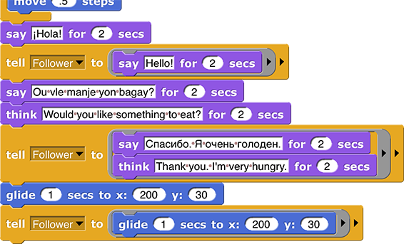 partial script of a conversation between two sprites: ‘partially cut off script’ say (¡Hola!) for (2) secs tell (Follower) to (say (Hello!) for (2) secs) say (Ou vle manje yon bagay?) for (2) secs think (Would you like something to eat?) for (2) secs tell (Follower) to (say (Спасибо. Я очень голоден.) for (2) secs; think (Thank you. I’m very hungry.) for (2) secs) glide (1) secs to x: (200) y: (30) tell (Follower) to (glide (1) secs to x: (200) y: (30))