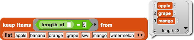 keep items ((length of ( )) = (5)) from {apple, banana, orange, grape, kiwi, mango, watermelon} reporting {apple, grape, mango}