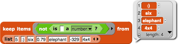 keep items (not(is () a (number)?)) from {5, :), six, 7, elephant, 3} reporting {5,7,3}