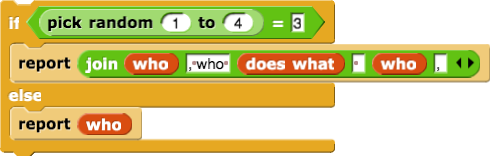 if (pick random (1) to (4)) = (3) { report (join (who) (', who') (does what) ( ) (who) (,)) } else { report (who) }