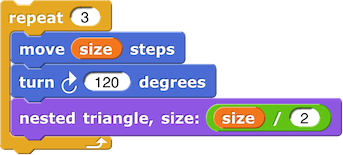 repeat(3){move(size) steps; turn clockwise (120) degrees; triangle fractal level:(level-1) size:(size*0.5)}