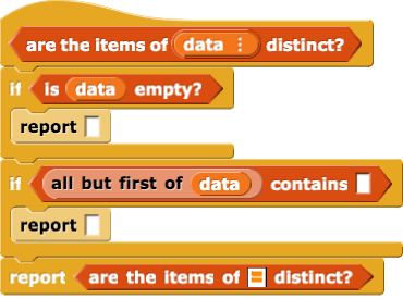 are the items of (data) distinct? { if (is (data) empty?) { report () } if ((all but first of (data)) contains ()) { report () } report (are the items of () distinct?) }