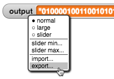 image of output watcher on stage storing a binary sequence with the drop-down menu open and 'export...' option selected