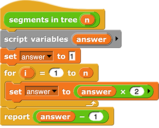 segments in tree(n){script variables(answer); set(answer) to (1); for (i=1 to n){set(answer) to (answer*2)} report(answer-1)}