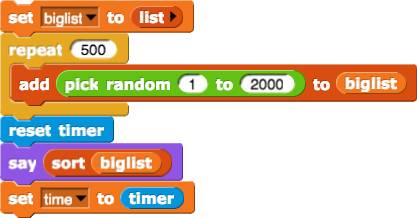 set(biglist) to (Empty list); repeat(500){add(pick random(1) to (2000) to (biglist)}; reset timer; say(sort(biglist)); set(time) to (timer)