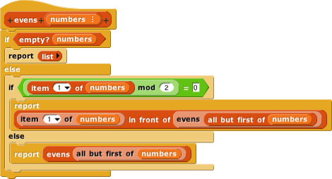 evens (numbers){if(empty? (numbers)){return(empty list)} else{if((item(1) of (numbers)) mod (2)=0){report(item(1) of (numbers) in front of (evens (all but first of (numbers))))} else{report(evens(all but first of (numbers)))}}}