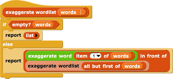 exaggerate wordlist(words){if(empty? (words)){report(empty list)}else{report((exaggerate word(item(1) of (words))) in front of (exaggerate wordlist(all but first of (words))))}}