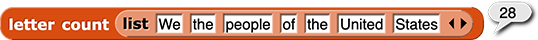 letter count(list{We, the. People, of, the, United, States}) reporting 28