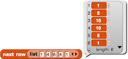 next row(list{1,4,6,4,1}) reporting {1,5,10,10,5,1}