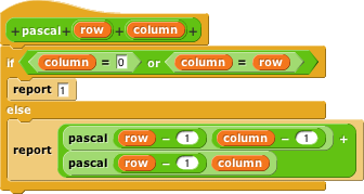 pascal(row)(column){if(column=0 or column=row){report(1)} else{report(pascal(row-1)(column-1) + pascal(row-1)(column))}}