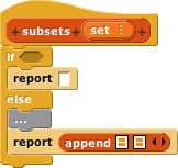 subsets(set){if(){report()}else{...; report(append()())}}